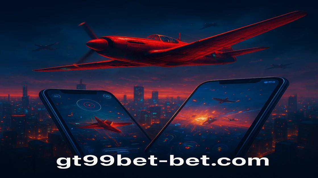 gt99 game-এর ক্যাপচার-দৃশ্য: নিয়ন-আলোর শহরের ওপর লাল বিমান উড়ছে; বহু স্মার্টফোনে এভিয়েটর গেম ইন্টারফেস দৃশ্যমান।