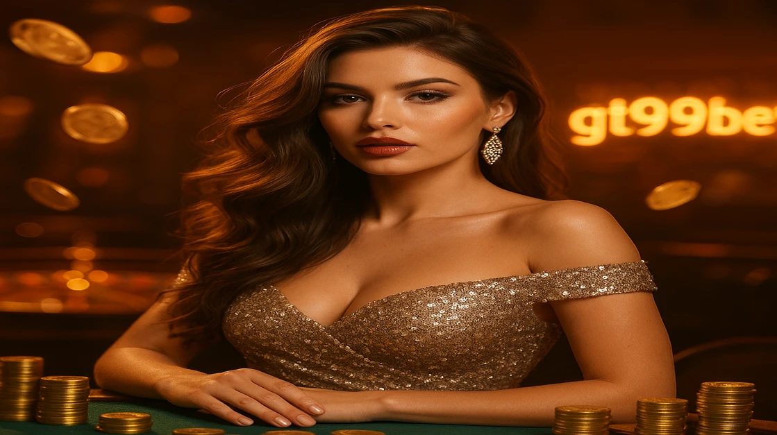 গোলাপি পোশাক পরিহিতা এক গ্লামারাস নারী একটি খেলার টেবনের ওপর হেলান দিয়েছেন; পিছনে উড়ন্ত স্বর্ণমুদ্রা ও গেমিং প্ল্যাটফর্মের আলো জ্বলজ্বল করছে, gt99 game এ এই ধরনের নৈপুণ্য বহুবার দেখা যায়।