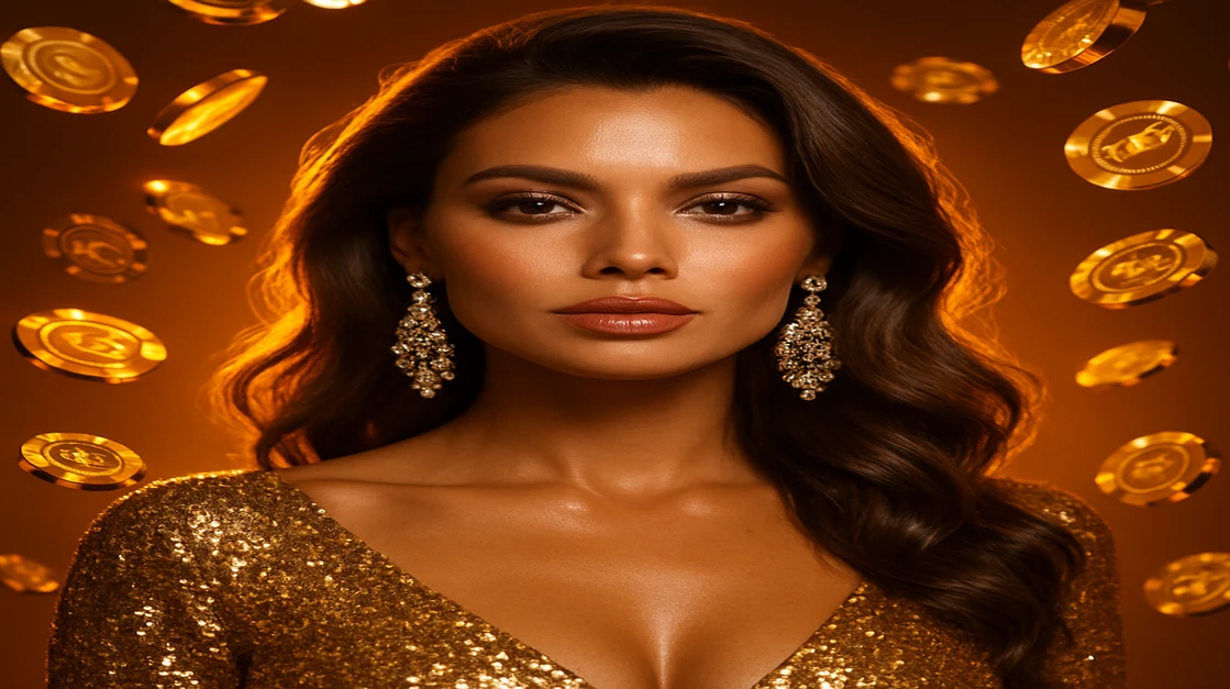 gt99 game গেমিং প্ল্যাটফর্মের ভাসমান টোকেন ও জ্বলতে থাকা আলোয় ঘেরা, সোনালি পোশাকে ও ঝলমলে কানের দুল পরিহিত এক জৌলুসময়ী নারী।