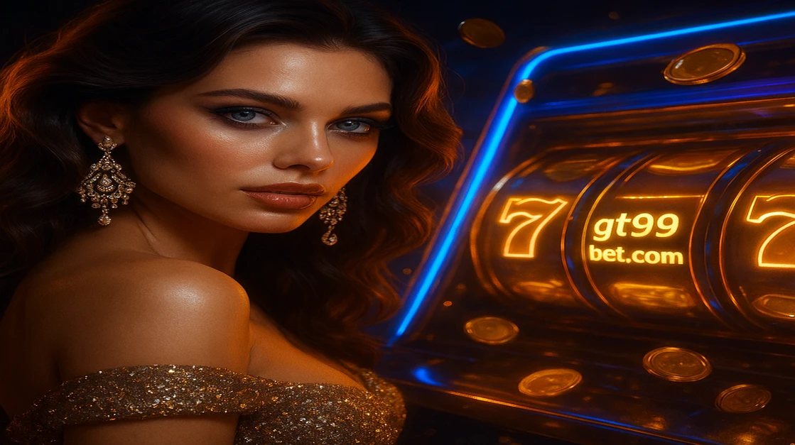 gt99 game গেমিং প্ল্যাটফর্মে জ্বলন্ত আরকেড গেমটির পাশে দাঁড়ানো এক মার্জিত নারী, গাঢ় পোশাক পরিহিত; এতে ৭৭৭ নম্বরের প্রতীক ও উড়ন্ত সোনার কয়েন জ্বলছে।