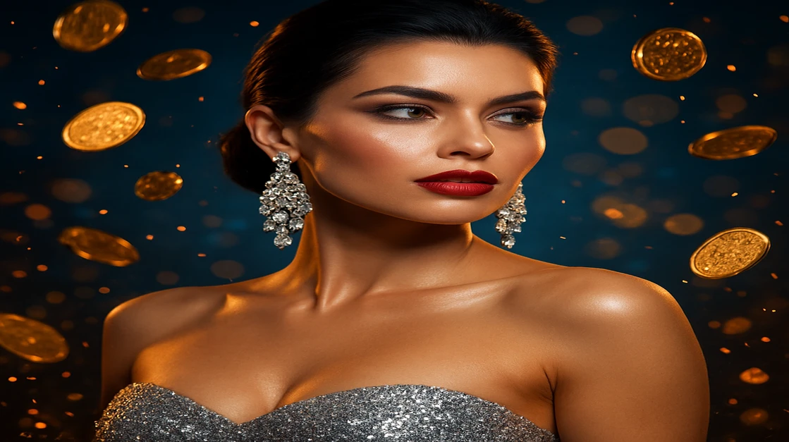 চকমকে পোশাক পরিহিত এক গ্লামারাস নারী, উড়ন্ত স্বর্ণমুদ্রা ও gt99 game-এর আলোকিত প্ল্যাটফর্ম-থেমা পটভূমি জ্বলজ্বল করছে।