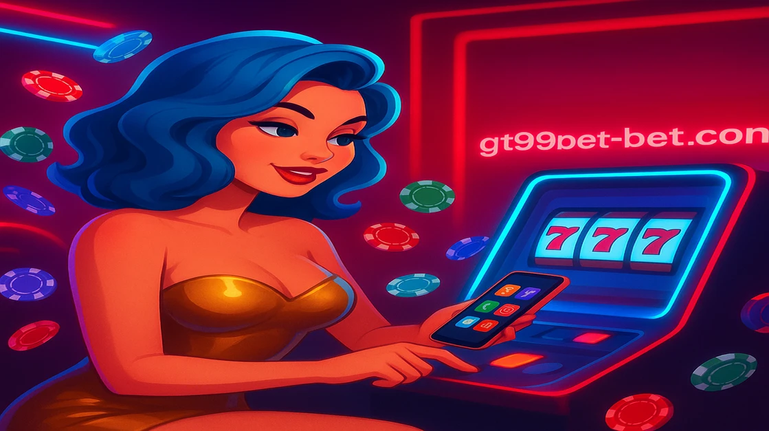 gt99 game-এর গেমিং জগতের একটি কার্টুন-স্টাইলের নারী, নীল চুল ও সোনালি টপ পরে, ফোনটি ধরে একটি বিনোদনমূলক খেলার দৃশ্য দেখাচ্ছেন; চারপাশে রঙিন খেলার টোকেন ও লগইন স্ক্রিন দেখা যাচ্ছে।