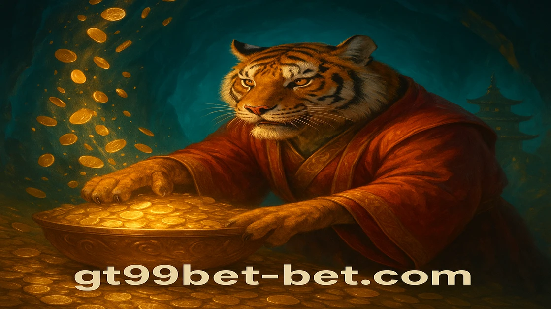 gt99 game দ্বারা ডিজাইন করা লাল পোশাক পরা নান্দনিক বাঘ স্বর্ণমুদ্রা ধরে আছে, পটভূমে এশীয় মন্দির দেখা যাচ্ছে এবং চারদিকে সোনালি আলো ছড়িয়ে আছে।