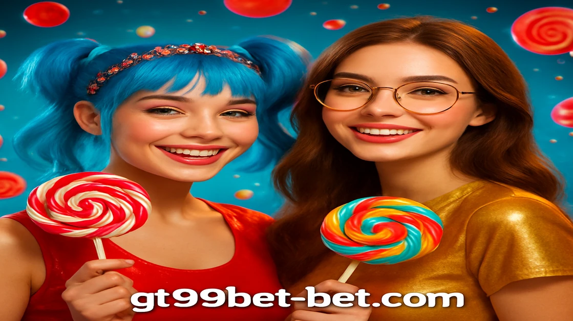 gt99 game দ্বারা নির্মিত এই দৃশ্যে দুজন কার্টুন মেয়ে ললিপপ ও রঙিন ক্যান্ডি ছড়িয়ে চারপাশে উড়ছে, नीचे সুইট বোনাঞ্জা লেখা আছে।